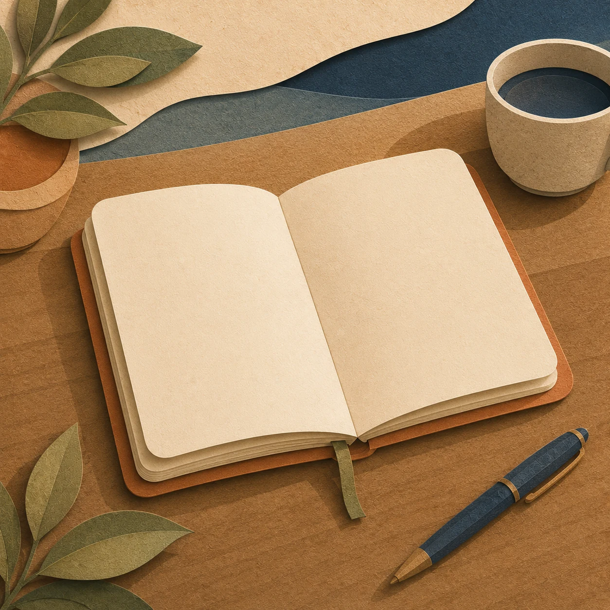 Papercut illustration of an open journal beside a cup and pen