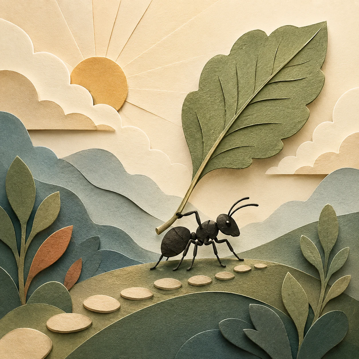 Papercut illustration of an ant carrying a large leaf along a path