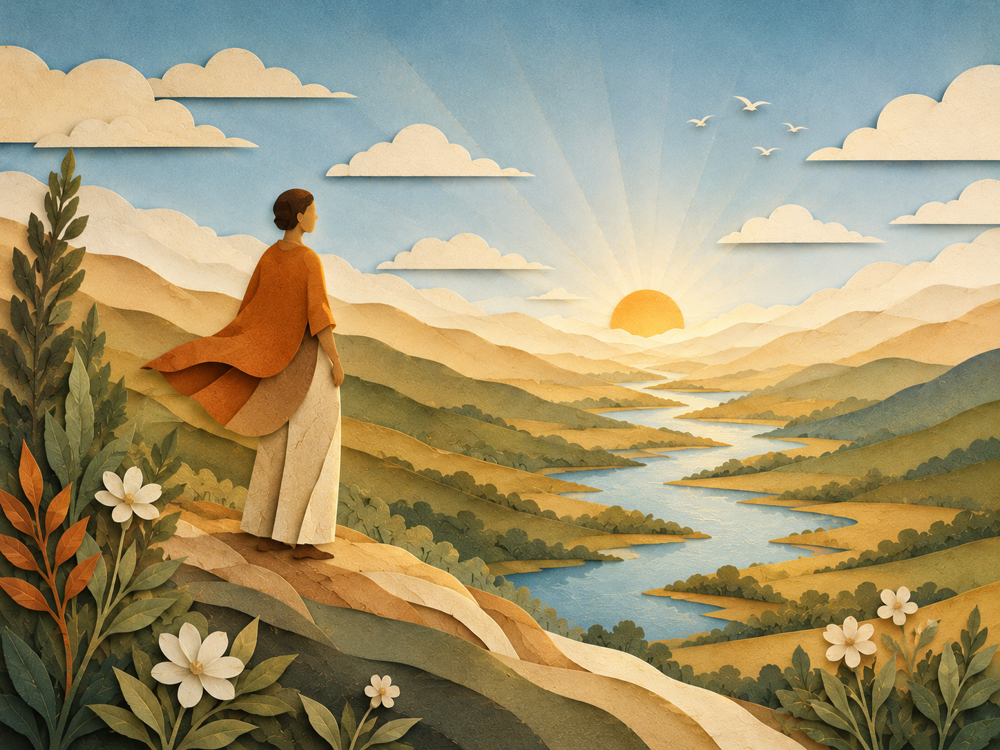 Warm papercut landscape with a person looking across a valley at sunrise