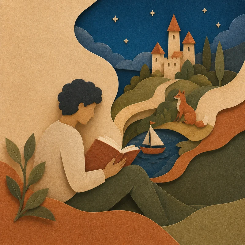 Papercut illustration of a reader entering a story world with a castle, fox and sailboat