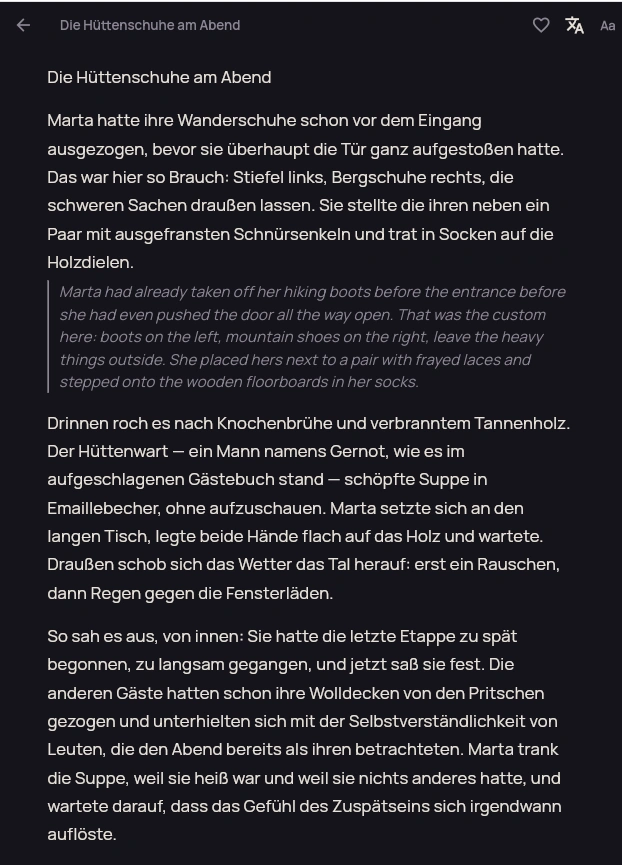 Dark Sioma reader showing text with paragraph translation help