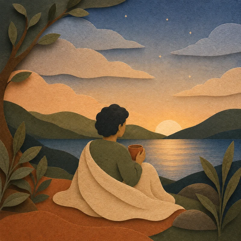 Papercut illustration of a person resting quietly beside the water at dusk